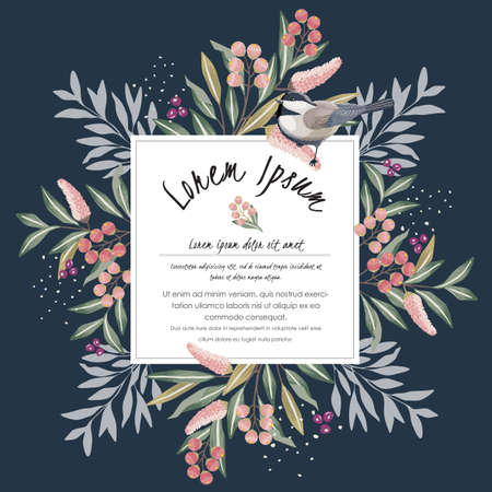 Vector illustration with a cute bird on a floral branch in spring for Wedding, anniversary, birthday and party. Design for banner, poster, card, invitation and scrapbookのイラスト素材