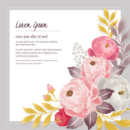 Vector illustration of a beautiful floral bouquet with frame in spring for Wedding, anniversary, birthday and party. Design for banner, poster, card, invitation and scrapbookのイラスト素材