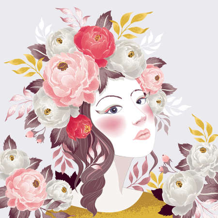 Vector illustration of a girl with floral bouquet on her head in spring for Wedding, anniversary, birthday and party. Design for banner, poster, card, invitation and scrapbookのイラスト素材