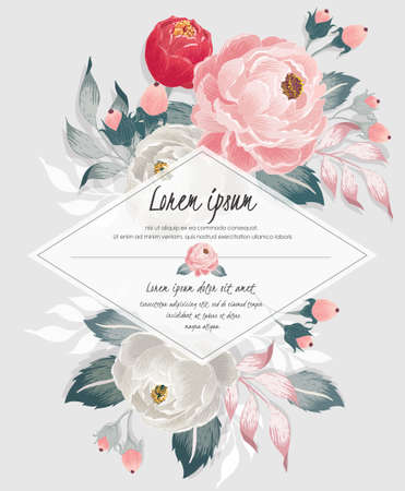 Vector illustration of a beautiful floral bouquet with frame in spring for Wedding, anniversary, birthday and party. Design for banner, poster, card, invitation and scrapbookのイラスト素材