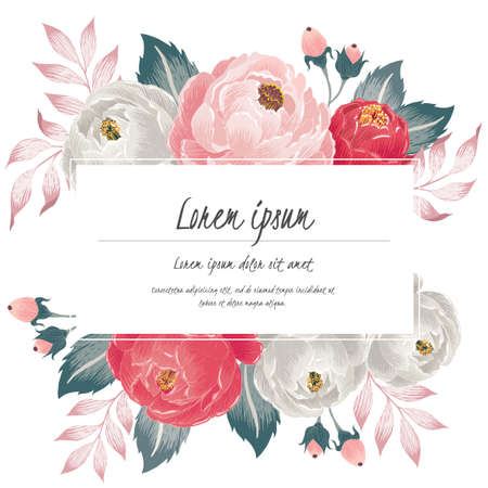 Vector illustration of a beautiful floral bouquet with frame in spring for Wedding, anniversary, birthday and party. Design for banner, poster, card, invitation and scrapbookのイラスト素材