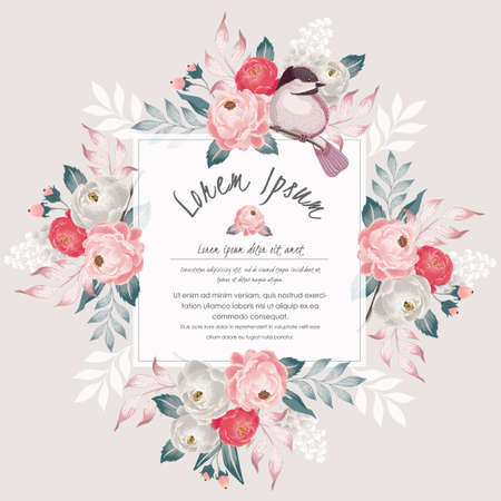 Vector illustration of a beautiful floral bouquet with frame in spring for Wedding, anniversary, birthday and party. Design for banner, poster, card, invitation and scrapbookのイラスト素材