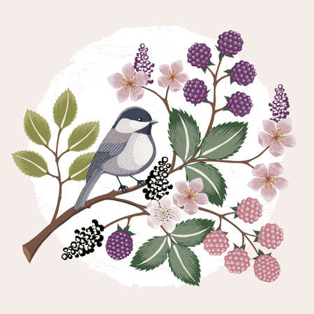 Vector illustration with a cute bird on a floral branch in spring for Wedding, anniversary, birthday and party. Design for banner, poster, card, invitation and scrapbookのイラスト素材