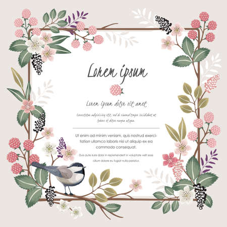 Vector illustration with a cute bird on a floral branch in spring for Wedding, anniversary, birthday and party. Design for banner, poster, card, invitation and scrapbookのイラスト素材