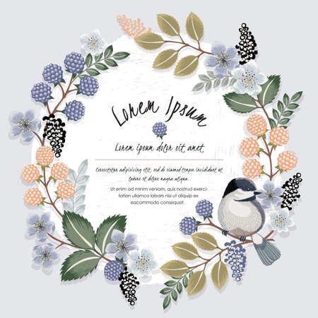 Vector illustration of a beautiful floral wreath with a cute bird on a floral branch in spring for Wedding, anniversary, birthday and party. Design for banner, poster, card, invitation and scrapbookのイラスト素材