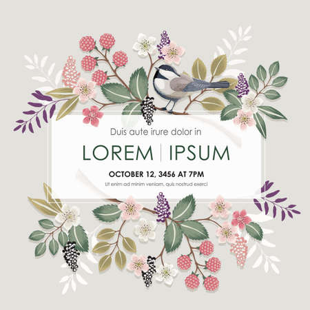 Vector illustration with a cute bird on a floral branch in spring for Wedding, anniversary, birthday and party. Design for banner, poster, card, invitation and scrapbookのイラスト素材