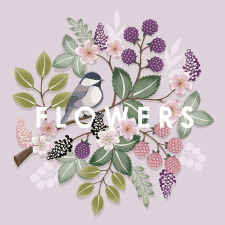 Vector illustration with a cute bird on a floral branch in spring for Wedding, anniversary, birthday and party. Design for banner, poster, card, invitation and scrapbookのイラスト素材