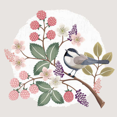 Vector illustration with a cute bird on a floral branch in spring for Wedding, anniversary, birthday and party. Design for banner, poster, card, invitation and scrapbookのイラスト素材