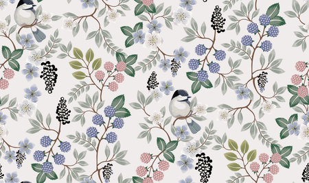 Vector illustration of a seamless floral pattern with cute birds in spring for Wedding, anniversary, birthday and party. Design for banner, poster, card, invitation and scrapbookのイラスト素材
