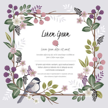 Vector illustration with a cute bird on a floral branch in spring for Wedding, anniversary, birthday and party. Design for banner, poster, card, invitation and scrapbookのイラスト素材