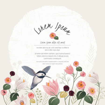 Vector illustration with a cute bird on a floral frame in spring for Wedding, anniversary, birthday and party. Design for banner, poster, card, invitation and scrapbookのイラスト素材