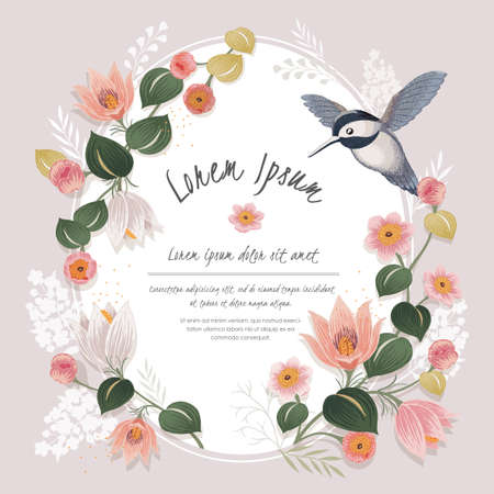 Vector illustration a floral frame with a cute bird in spring for Wedding, anniversary, birthday and party. Design for banner, poster, card, invitation and scrapbookのイラスト素材