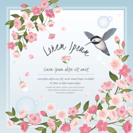 Vector illustration of a beautiful floral frame with cherry blossom and a little bird in spring for Wedding, anniversary, birthday and party. Design for banner, poster, card, invitation and scrapbookのイラスト素材