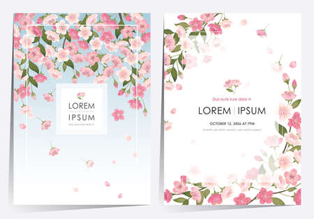 Vector illustration of a beautiful floral frame set with cherry blossom in spring for Wedding, anniversary, birthday and party. Design for banner, poster, card, invitation and scrapbookのイラスト素材