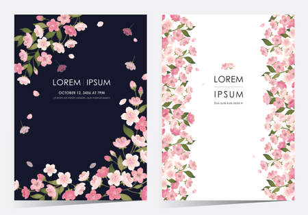 Vector illustration of a beautiful floral frame set with cherry blossom in spring for Wedding, anniversary, birthday and party. Design for banner, poster, card, invitation and scrapbookのイラスト素材