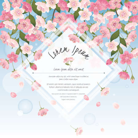 Vector illustration of a beautiful floral frame with cherry blossom in spring for Wedding, anniversary, birthday and party. Design for banner, poster, card, invitation and scrapbookのイラスト素材