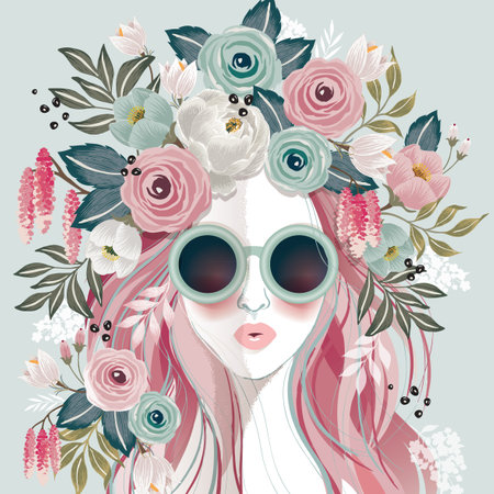 Vector illustration of a sunglasses girl with floral headdress in spring for Wedding, anniversary, birthday party. Design for banner, poster, card, invitation and scrapbookのイラスト素材
