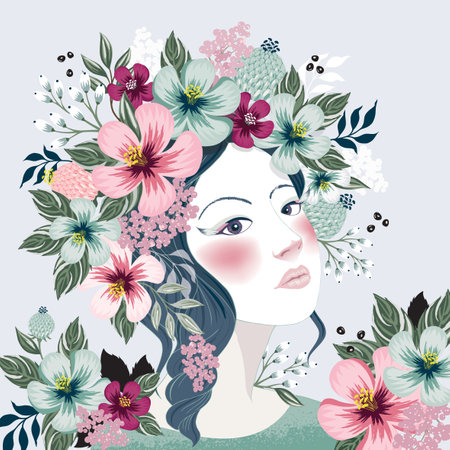Vector illustration of a girl with floral headdress in spring for Wedding, anniversary, birthday and party. Design for banner, poster, card, invitation and scrapbookのイラスト素材