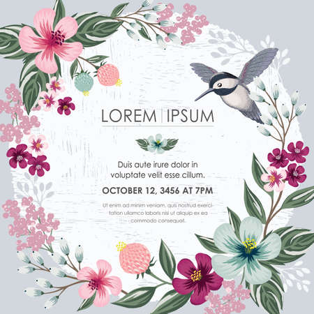 Vector illustration of a floral frame with a cute bird in spring for Wedding, anniversary, birthday and party. Design for banner, poster, card, invitation and scrapbookのイラスト素材