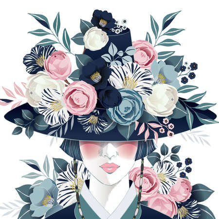 Vector illustration of a beautiful girl wearing a "Gat", Korean traditional hat decorating with flowers. Design for banner, poster, card, invitation and scrapbookのイラスト素材