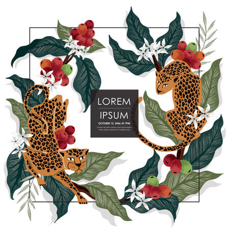 Vector illustration of a frame with leopards & coffee trees in Africa. Tropical vintage background for Wedding, anniversary, birthday and party. Design for wallpaper, banner and invitation cardのイラスト素材