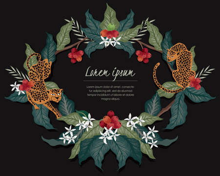 Vector illustration of a frame with leopards & coffee trees in Africa. Tropical vintage background for Wedding, anniversary, birthday and party. Design for banner, poster and invitation cardのイラスト素材