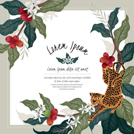 Vector illustration of a frame with leopards & coffee trees in Africa. Tropical vintage background for Wedding, anniversary, birthday and party. Design for wallpaper, banner and invitation cardのイラスト素材