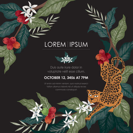 Vector illustration of a frame with leopards & coffee trees in Africa. Tropical vintage background for Wedding, anniversary, birthday and party. Design for banner, poster and invitation cardのイラスト素材