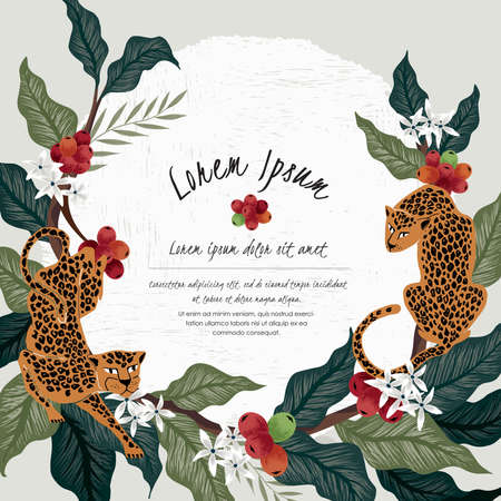 Vector illustration of a frame with leopards & coffee trees in Africa. Tropical vintage background for Wedding, anniversary, birthday and party. Design for wallpaper, banner and invitation cardのイラスト素材