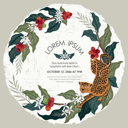 Vector illustration of a frame with leopards & coffee trees in Africa. Tropical vintage background for Wedding, anniversary, birthday and party. Design for wallpaper, banner and invitation cardのイラスト素材
