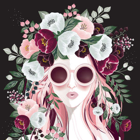 Vector illustration of a sunglasses girl with floral headdress for Wedding, anniversary, birthday party. Design for banner, poster, card, invitation and scrapbookのイラスト素材