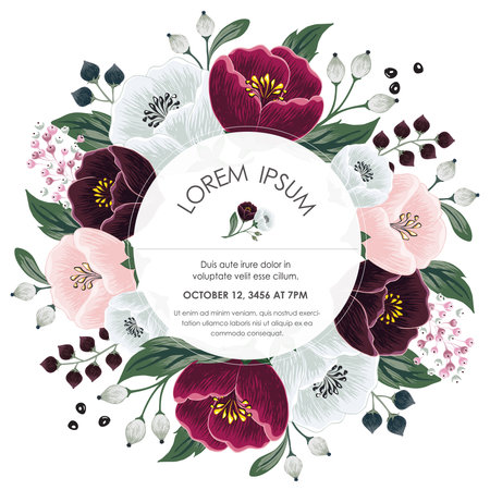 Vector illustration of a beatiful floral frame in summer for Wedding, anniversary, birthday and party. Design for banner, poster, card, invitation and scrapbookのイラスト素材