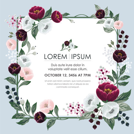 Vector illustration of a beatiful floral frame in summer for Wedding, anniversary, birthday and party. Design for banner, poster, card, invitation and scrapbookのイラスト素材