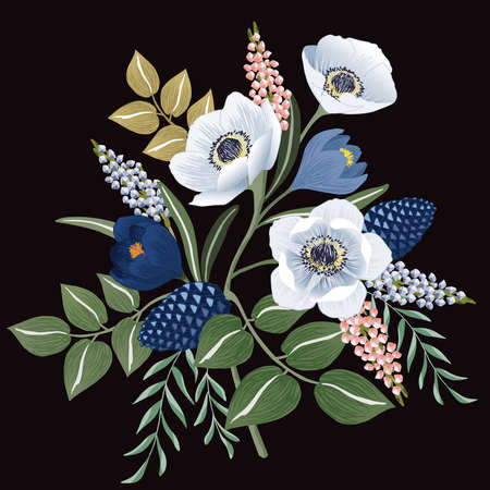 Vector illustration of a beatiful floral bouquet in winter for Wedding, anniversary, birthday and party. Design for banner, poster, card, invitation and scrapbookのイラスト素材