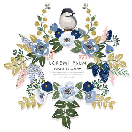 Vector illustration of a beatiful floral frame with a bird in winter for Wedding, anniversary, birthday and party. Design for banner, poster, card, invitation and scrapbookのイラスト素材