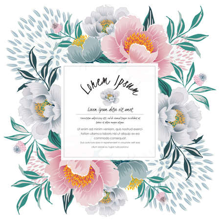Vector illustration of a beatiful floral frame for Wedding, anniversary, birthday and party. Design for invitation card, picture frame, poster, scrapbookのイラスト素材