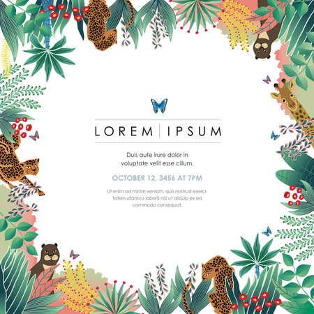 Vector illustration of Exotic Jungle with tropical flowers and animals. Design for banner, poster, card, invitation and scrapbookのイラスト素材