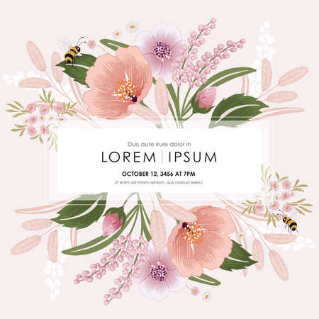 Vector illustration of a beatiful floral frame for Wedding, anniversary, birthday and party. Design for invitation card, picture frame, poster, scrapbookのイラスト素材