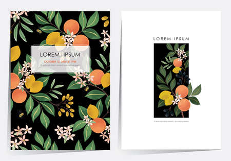 Vector illustration of a beautiful floral frame set with fruits. Design for cards, party invitation, Print, Frame Clip Art and Business Advertisement and Promotionのイラスト素材