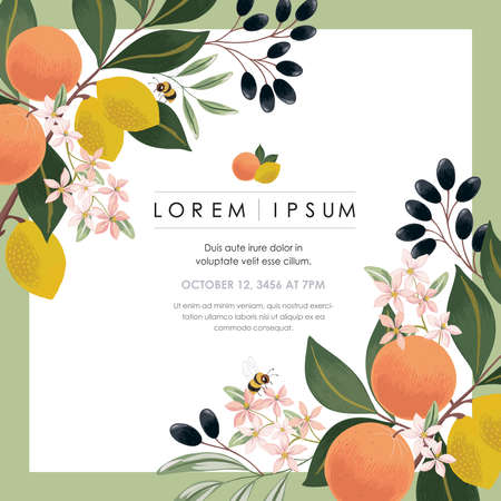 Vector illustration of a beautiful floral bouquet with fruits for Wedding, anniversary, birthday and party. Design for invitation card, picture frame, poster, scrapbookのイラスト素材