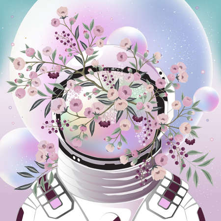 Vector illustration. Space helmet of the astronaut is filled in flowers on a background of planets. Design for picture frame, poster, brochure and science fictionのイラスト素材