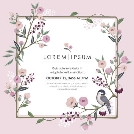 Vector illustration of a floral frame with little birds on branches in spring. Design for cards, party invitation, Print, Frame Clip Art and Business Advertisement and Promotionのイラスト素材