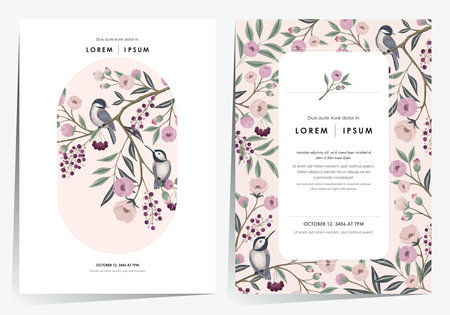 Vector illustration of a beautiful floral frame set with fruits. Design for cards, party invitation, Print, Frame Clip Art and Business Advertisement and Promotionのイラスト素材