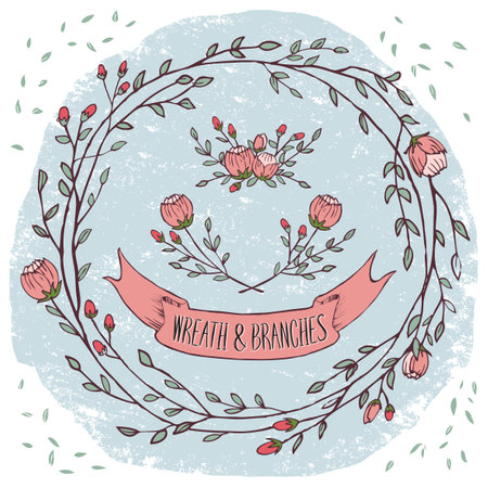 Vector illustration set of a floral frame wreath and a ribbonのイラスト素材