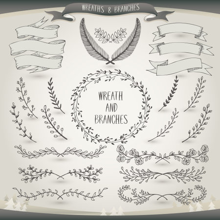 Vector illustration of a collection of floral ribbons and borders. A set of beautiful wreath with flowers and branches for wedding invitations and birthday cardsのイラスト素材