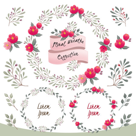 Vector illustration of a floral frame collection. A set of beautiful wreaths with flowers and branches for wedding invitations and birthday cardsのイラスト素材