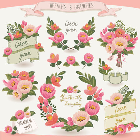Vector illustration of a floral frame collection. A set of beautiful wreath with flowers and branches for wedding invitations and birthday cardsのイラスト素材