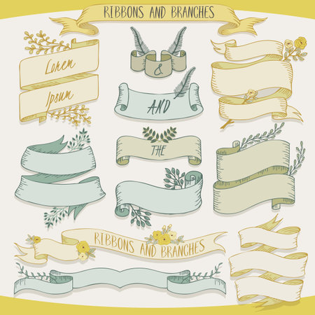 Vector illustration of a collection of floral ribbonss and branches for wedding invitations and birthday cardsのイラスト素材