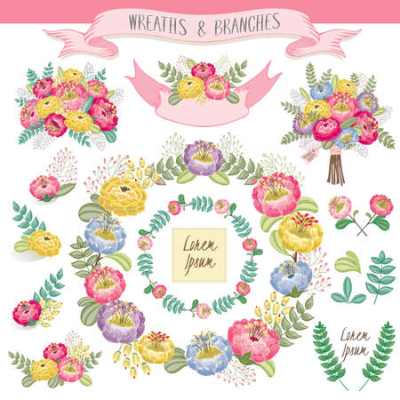 Vector illustration of a floral frame collection. A set of beautiful wreath with flowers and branches for wedding invitations and birthday cardsのイラスト素材