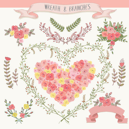 Vector illustration of a collection of floral borders. A set of beautiful flowers and branches for wedding invitations and birthday cardsのイラスト素材